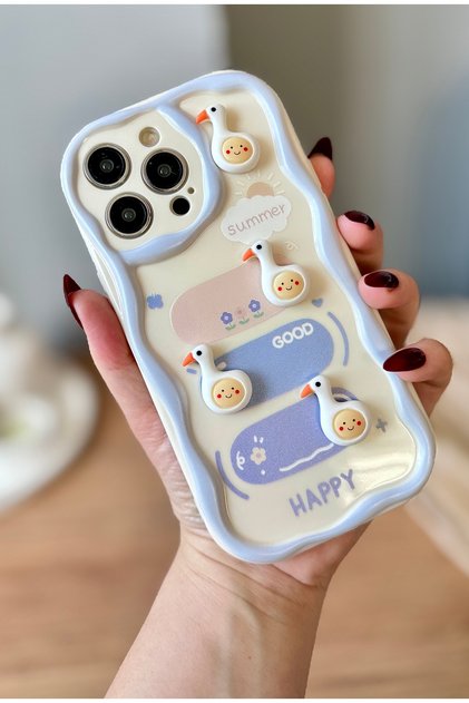 iPhone 15 Pro 3D Duck Decorated Ecru Color Patterned Case