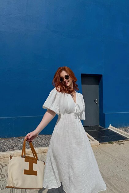 Lusin Women's V-Neck Ecru Muslin Fabric Short Sleeve Dress- Trendyol Lusin Women's V-Neck Ecru Muslin Fabric Short Sleeve Dress- Trendyol
