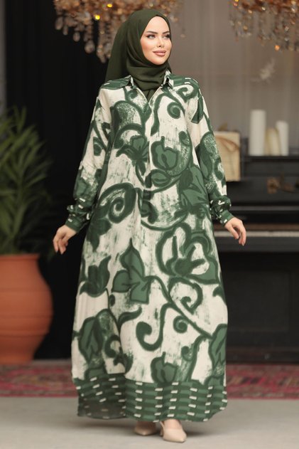 Floral Patterned Green Hijab Dress 23171Y
