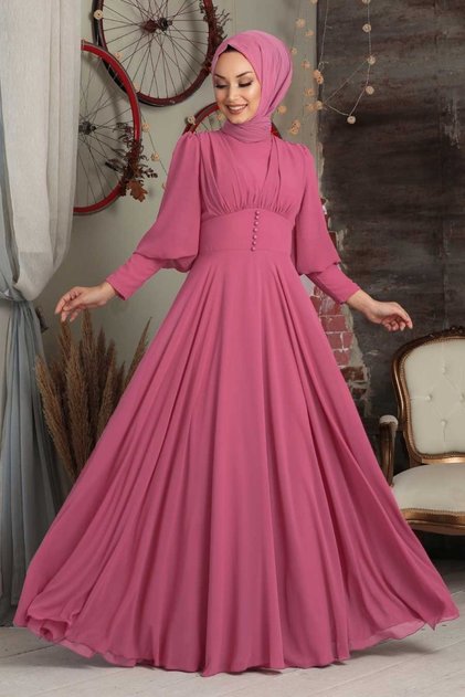 Button Detailed Fuchsia Hijab Evening Dress 53810F
