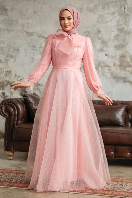 Polka Dot Detailed Powder Hijab Evening Dress 3871Pd