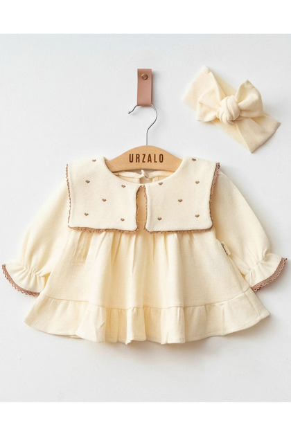 Heart Embroidered Square Handkerchief Collar 100% Cotton Waffle Woven Baby Girl Lace Dress and Bandana Set
