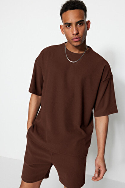 Trendyol T-Shirt Uomo Basic Oversize Girocollo 100% Cotone, Marrone, Taglie Dalla XS Alla 3XL