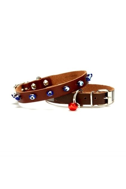 Evil Eye Beaded Cat and Small Breed Leather Dog Collar 1.0x23 Cm Brown Medium