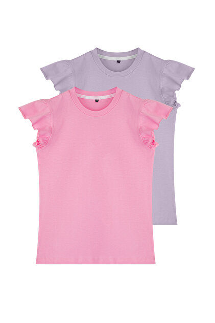 Dark Pink-Lilac 2'Li Girl's Ruffle Short Sleeve Knitted T-Shirt Tkdss25Ts00011