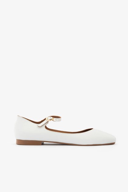 White Genuine Leather Ankle Lace-Up Buckle Flat Women's Babet