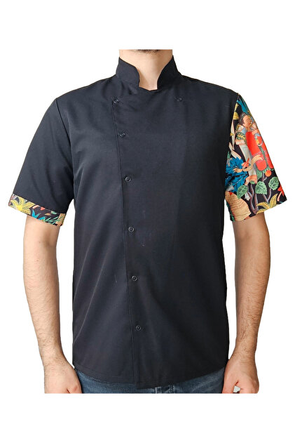 Chef Jacket Patterned Unisex Snap Fastener Short Sleeve Summer Chef Cook Kitchen Jacket Table Patterned