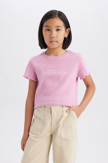 Girl's Slim Fit Narrow Cut Crew Neck Slogan Patterned Ribbed Camisole Short Sleeve T-Shirt B6689A8