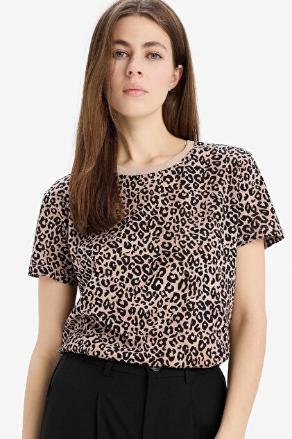 Defacto Long Fit Bisiklet Yaka Leopar Desenli Penye Kısa Kollu