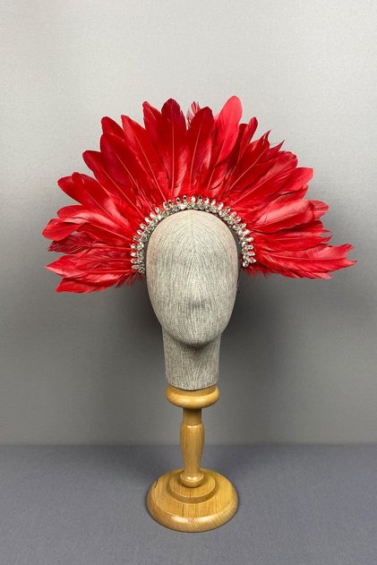 Hera Model Feather and Stone Detailed Bridal Henna Crown Accessory Red