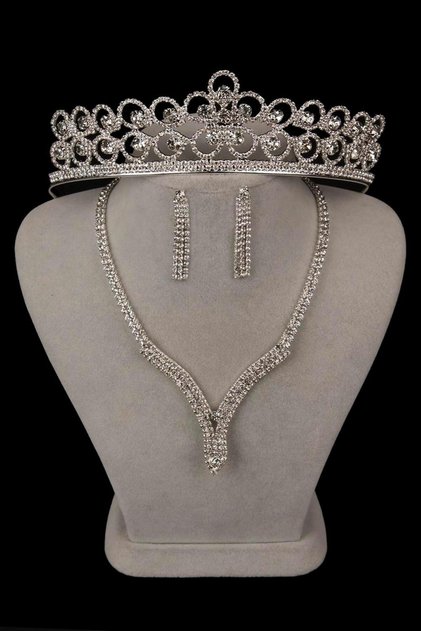 Hira Crystal Stone Evening Dress Necklace Earring Set And Flower Bridal Crown