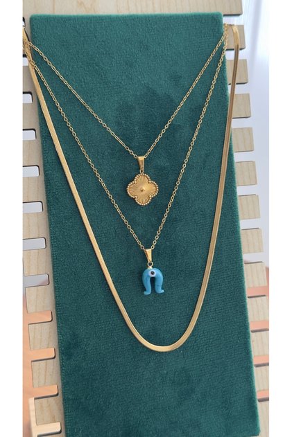 Steel Luck Triple Necklace Multiple Pendants Luck Necklace (Clover and Glass Bead Nal)