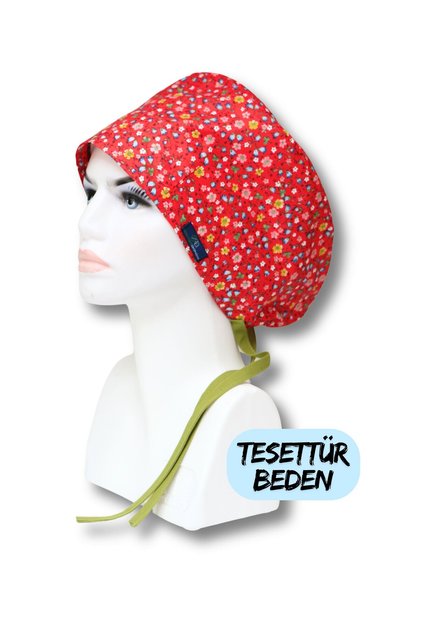 Tesettür Kırmızı Çıtır Çiçek Desenli Cerrahi Bone Doktor Hemşire Sağlıkçı Bonesi Geniş Kesim