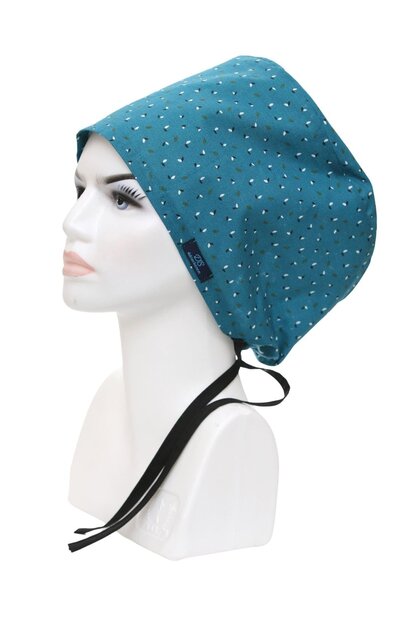 Hijab Petrol Blue Leaves Patterned Surgical Bonnet Doctor Nurse Healthcare Hospital Bonnet Wide