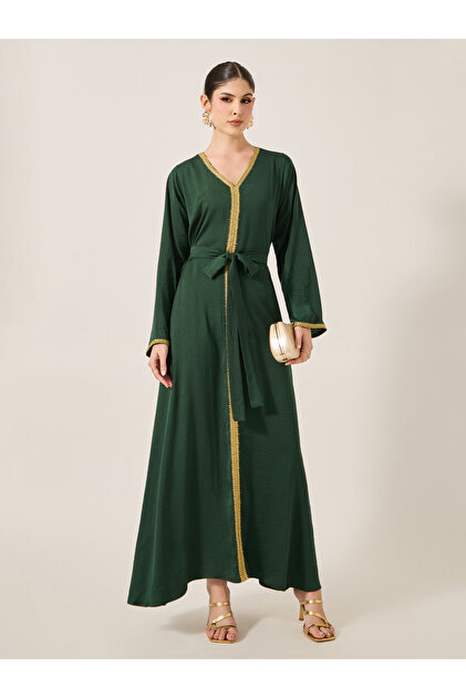 Lace Trim Waist Tie-Up V-Neck Jalabyia
