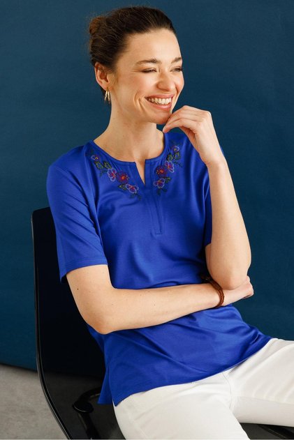 Women's Open Collar Embroidered Combed Cotton T-Shirt Cobalt Blue
