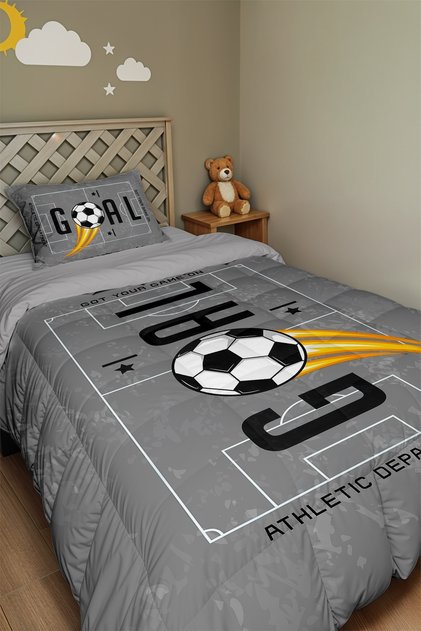 Gray Stadium Goal Written Patterned Single Quilt and Pillowcase
