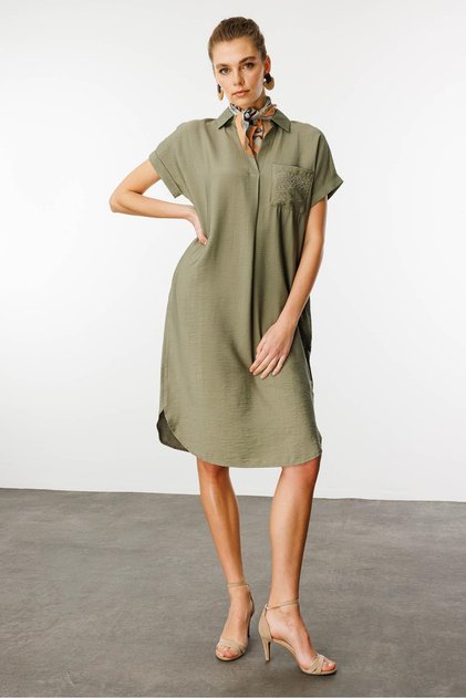Women's Polo Collar Pocket Chain Detail Dress Khaki