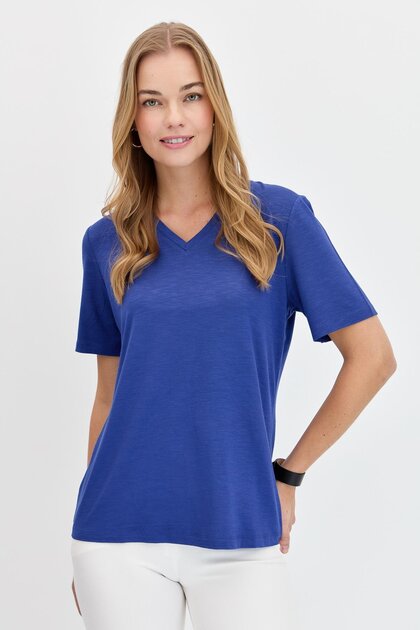 Women's V-Neck Flamed Fabric Basic T-Shirt Indigo