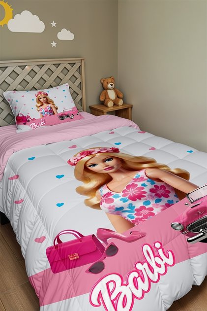 Pembe Arabalı Barbi Desenli Tek Kişilik Yorgan ve Yastık Kılıfı