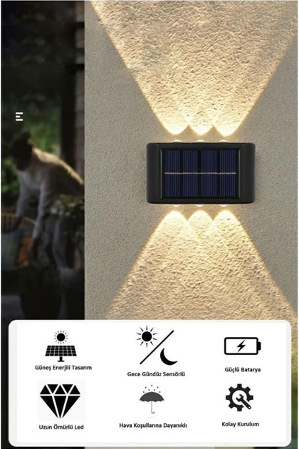 2 Adet - Modern 6 Ledli Solar Çift Taraflı Aplik Güneş Enerjili Duvar Aydınlatma Lambası (gün Işığı)