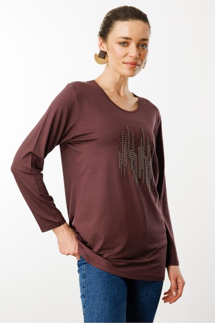 Women's Crew Neck Stone Printed Combed Cotton Blouse Brown