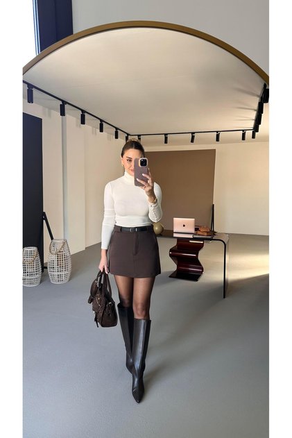 Belted Pocket Detail Brown Shorts Skirt
