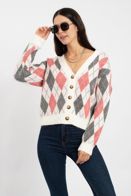 Women's Vita-177 Argile Comfortable Fit Diamond Pattern Buttoned Knitwear Cardigan Ecru