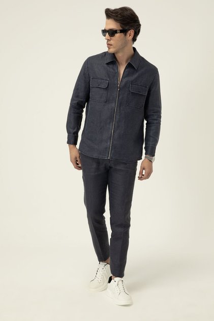 Men's Navy Blue Regular Fit Zippered Linen Shirt Long Sleeve