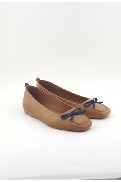 Genuine Leather Tan Color Bow Tie Ballet Flats