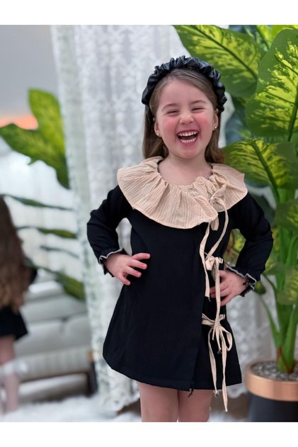 Woven Fabric Side Bow Tie Double Breasted Collar Girl's Dress