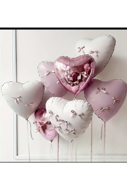 Pink and White Heart Foil Balloon Set with Bow 7 Pcs