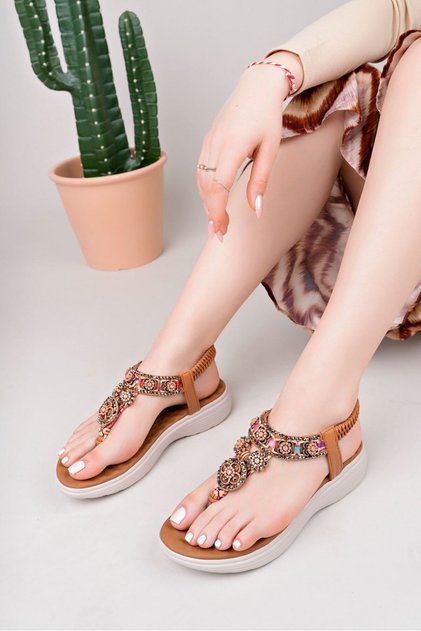 Daily Women's Tan Flip Flops Sandals Do Not Fall Off Stone Elastic Flexible Band Fuspet Flat Heel Sole 09