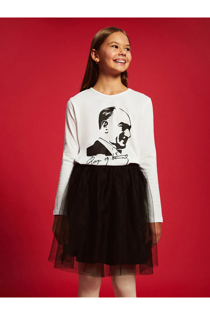 Lcw Kids White Crew Neck Ataturk Printed Girls T-Shirt
