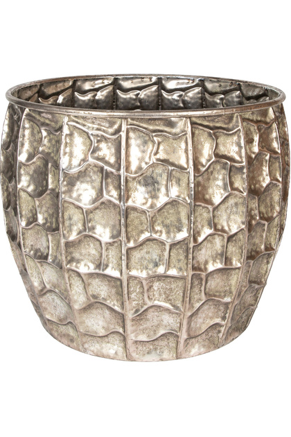 Metal Çiçeklik Saksı, Kabartma Desenli, Gümüş Eskitme - 45x38,5 cm