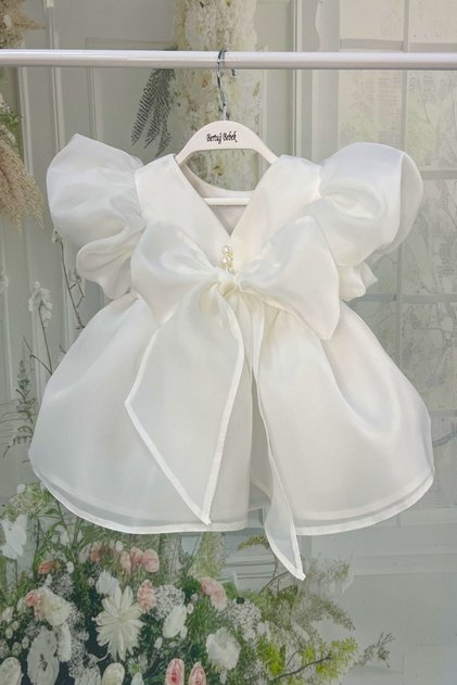 Wedding Dress Balloon Sleeve Pearl Girls Baby Off-White Evening Dress
