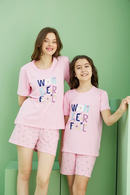 Pink Patterned Cotton Crew Neck Knitted Shorts Set 25115031