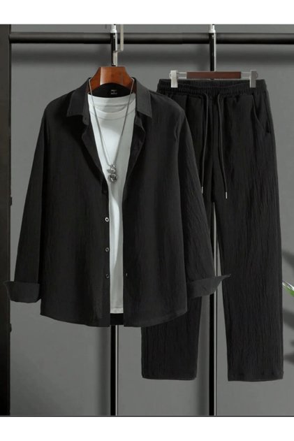 Women's Men's Summer Linen Crinkle Fabric Long Sleeve Shirt 2 Piece Wrap Set