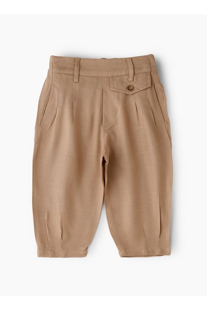 Girls' Pleated Beige Pants with Button Detail