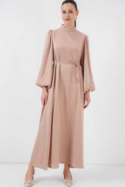 2510 Satin Hijab Evening Dress - Biscuit