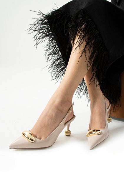 Cream Patent Leather Vegan Leather 7cm Thin Heeled Stiletto | Stylish Women's Office Evening Dress Casual Shoes with Gold Detail