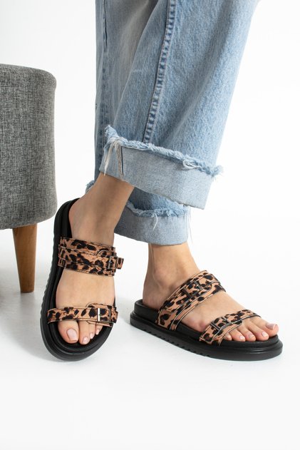 Leopard Patterned Vegan Leather Women's Buckle Slippers |   Comfortable Double Band Daily Walking Beach Slippers
