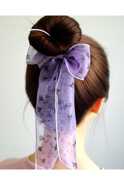Women's Long Tulle Bow Buckle - Automatic Bow Buckle - Long Chiffon Bow Buckle - Kuromi Lilac Color