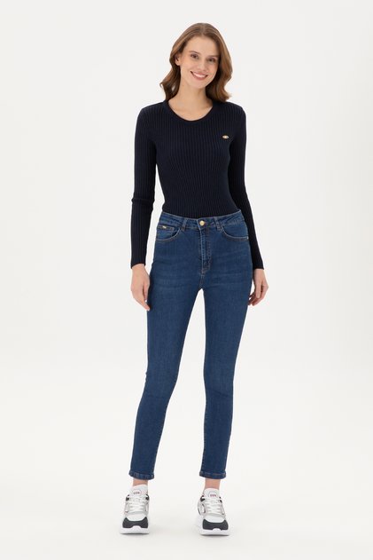 Pantaloni de damă din denim albastru închis 50297511-DN0023