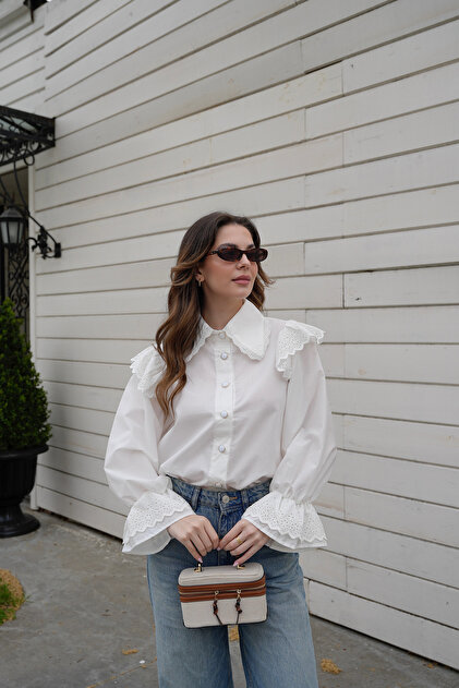 Women's White Eyelet Embroidery Ruffled Shirt with Ruffle Detail