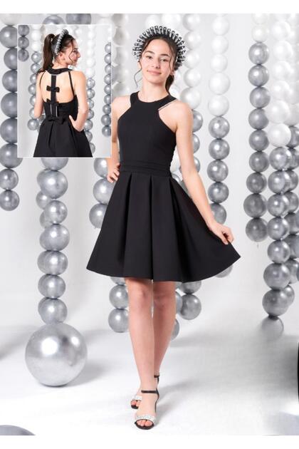 Meneviş Back Detailed Girl's Short Crepe Evening Dress_Mnvs836