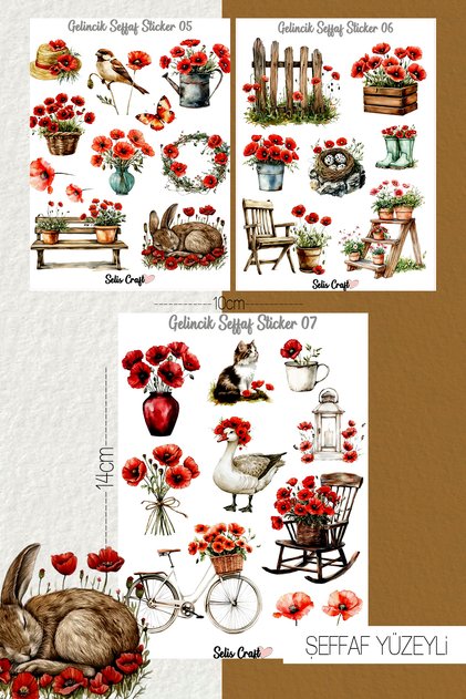 Gelincik Çiçeği Temalı Şeffaf Sticker Seti 05-06-07 Ajanda Planlayıcı Bullet Journal Için Uygundur