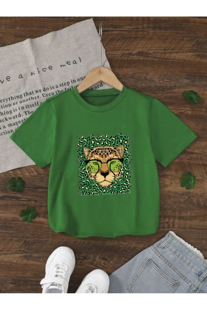 Girl-Boy Green Tiger Printed T-Shirt