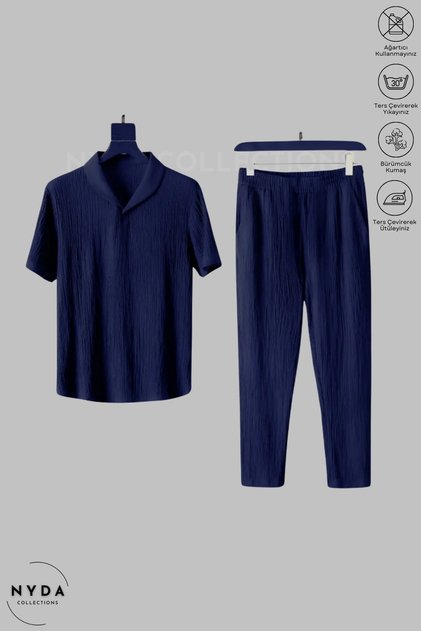 Bürümcük Suit Lycra Crinkle Fabric Summer Women's Men's Short Sleeve T-Shirt Navy Blue Tracksuit Suit