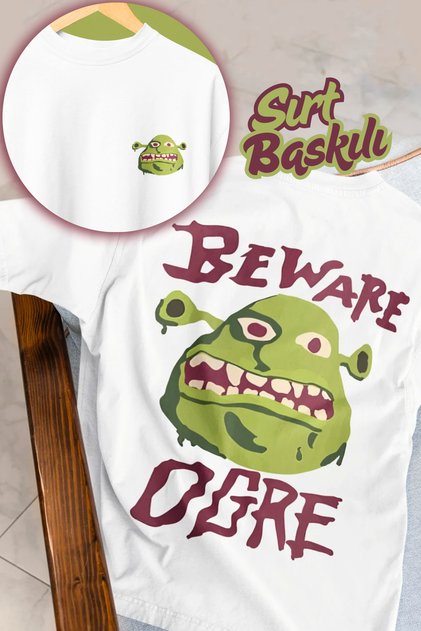 Beware Ogre - Beware Giant Shrek Back Printed Oversize Unisex White T-Shirt